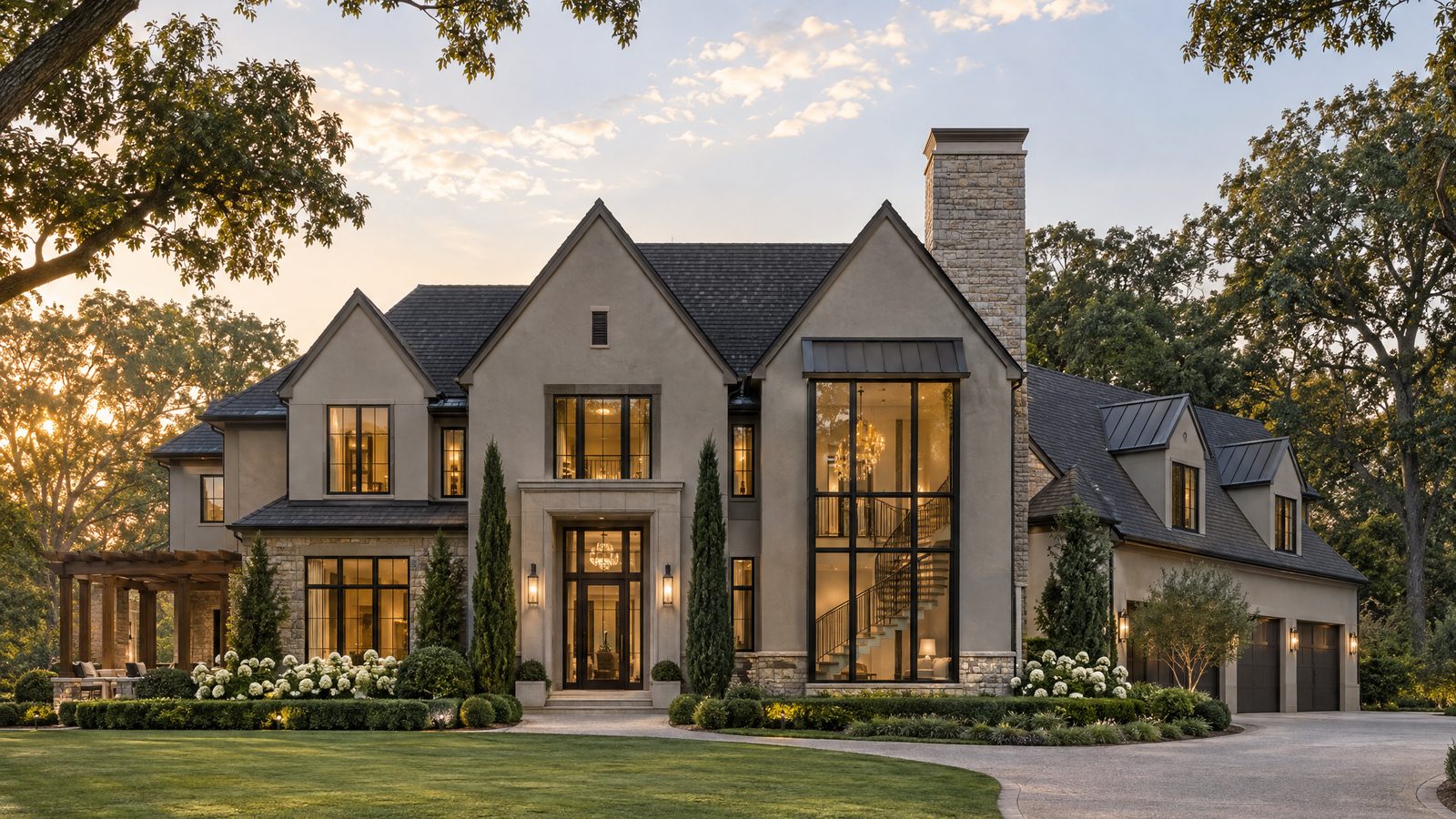 Concept rendering of a two-story stucco home with tall black-framed windows, a stone chimney and a circular drive at twilight (illustrative only)