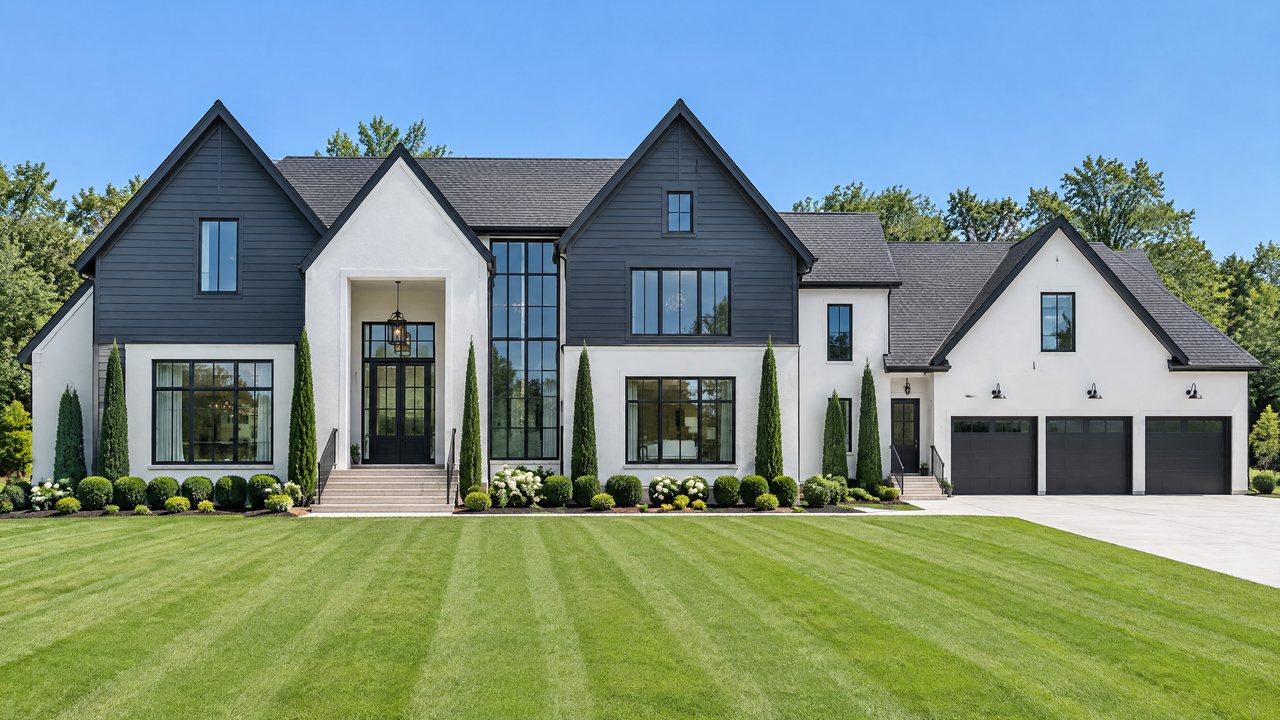 Concept rendering of a white-brick modern farmhouse with black windows (illustrative only)